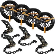 4 Pack Ratchet Car Tie Down Strap with Chain Hooks 2" x 144' Heavy Duty 10,000lb