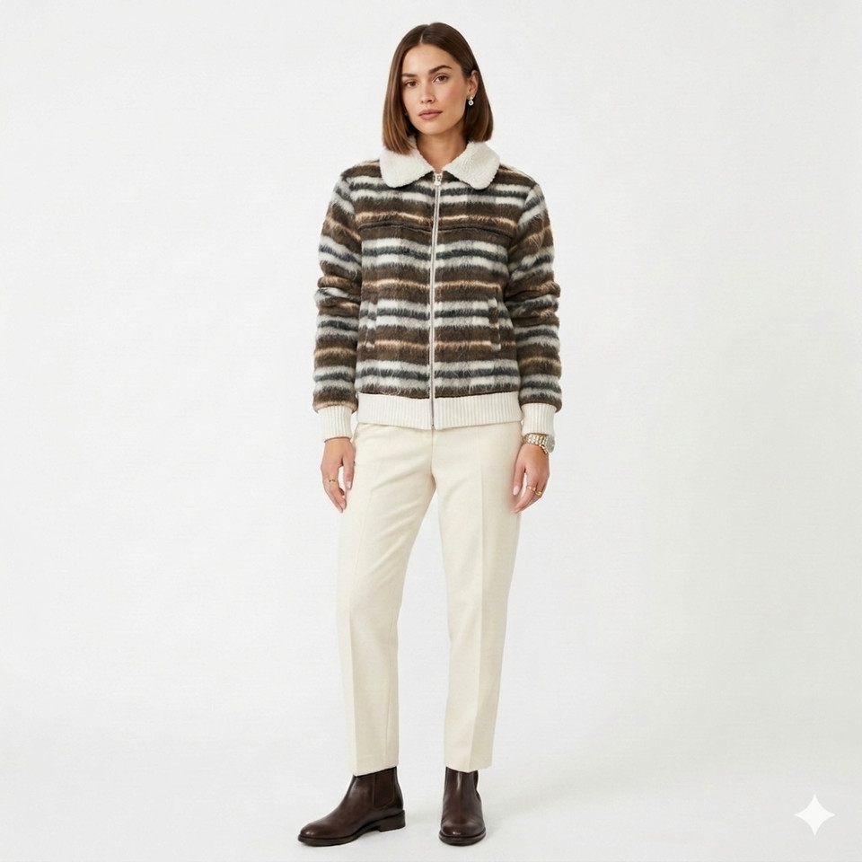 Cotton On Wool Blend Striped Sherpa Collar Bomber Jacket Womens 10 Brown