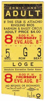 8-8-68 RINGLING BROTHERS BARNUM & BAILEY CIRCUS TICKET STUB - ANAHEIM CALIFORNIA