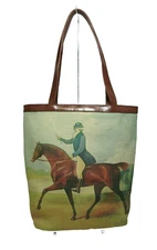 Horse Print Tote Vintage Equestrian Artwork by Paul Davis Canvas w Leather Trim