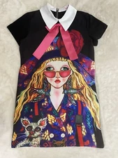 Yativi Black Dress White Peter Pan Collar Pink Bow Boho Girl w/ Dog Sz Med 90’s