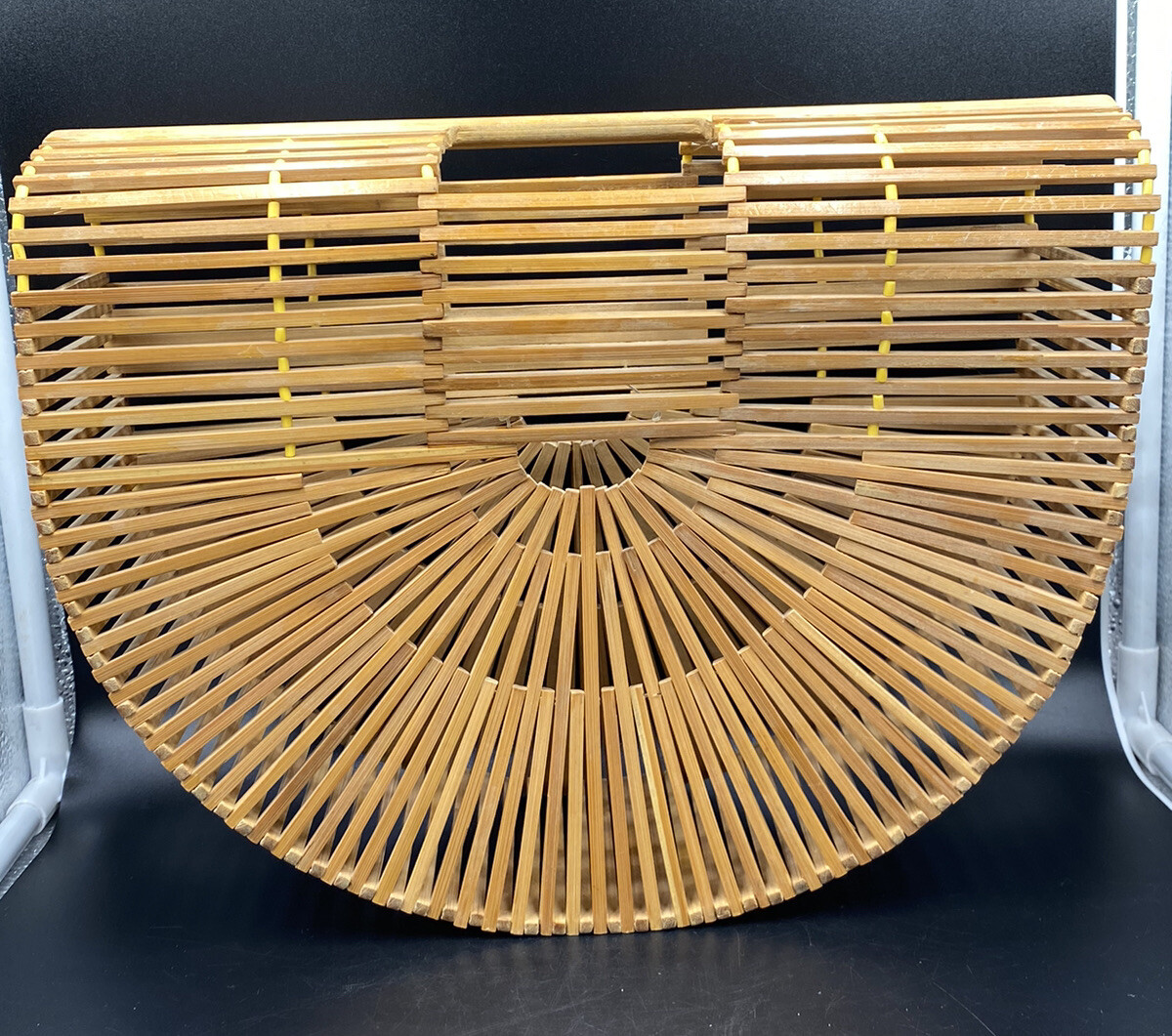 Vintage Large Natural Bamboo Basket Handbag Crescent Birdcage Purse Tote MCM
