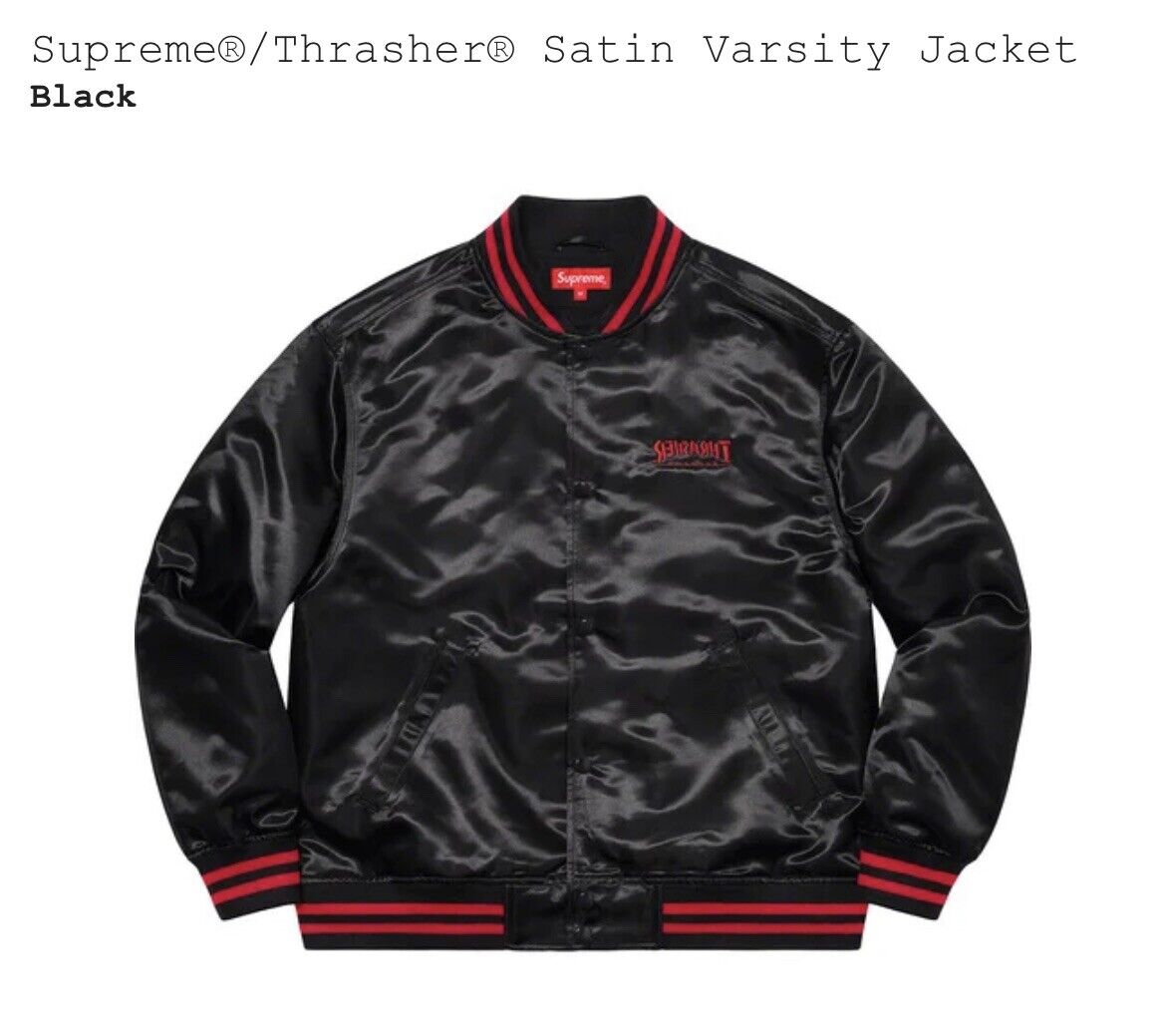 Brand New Supreme x Thrasher Satin Varsity Jacket - Black - Medium - FW21