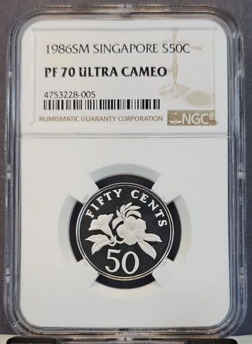 1986 SINGAPORE SILVER 50 CENTS YELLOW ALLAMANDA PLANT NGC PF 70 ULTRA CAMEO