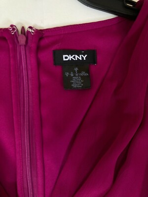 NWT Chiffon DKNY Fuchsia Lo-Hi hem Ballon sleeve Midi Dress Sz 8