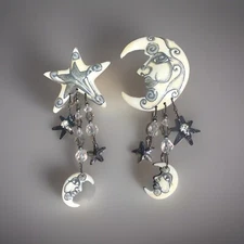 LUNCH AT THE RITZ Silver Tone ANOTHER STAR ANOTHER MOON 14K Post EARRINGS 3 3/8