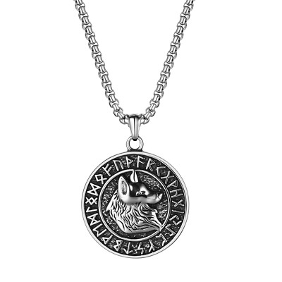 Norse Viking Rune Fenrir Wolf Head Pendant Necklace for Men Women Chain 22''/24''