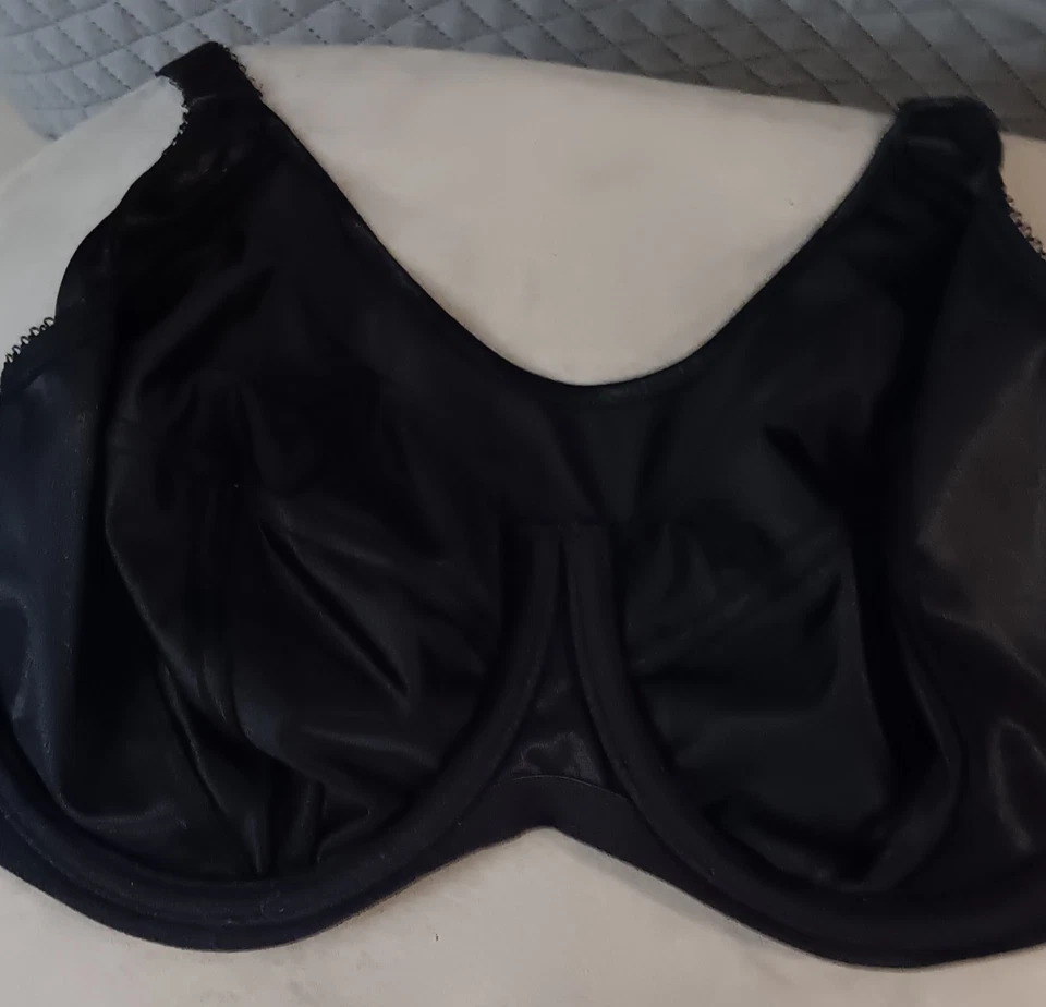 Shiny Black Satin Unlined Wired Extra Full Coverage 3 Parts Cup Goddess Bra 36FF - Image 4 of 4