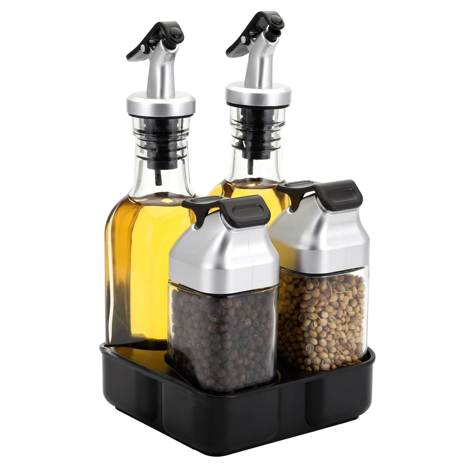 Jucoan 5 PCS Oil Vinegar Dispenser Bottles Set with Caddy Stand, Clear