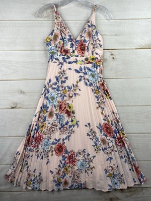Thirty/Thirty Dress Sz S Pink Floral Pleated A Line Sleeveless V Neck Boho Tie