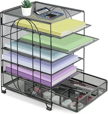 6-Tier Paper Organizer for Desk Letter Tray with Drawer Metal Mesh File Sorter