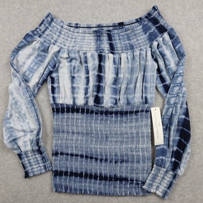 Venus Top Womens XS Off-The-Shoulder Blouse Casual Blue Tie-Dye Long Sleeve NWT