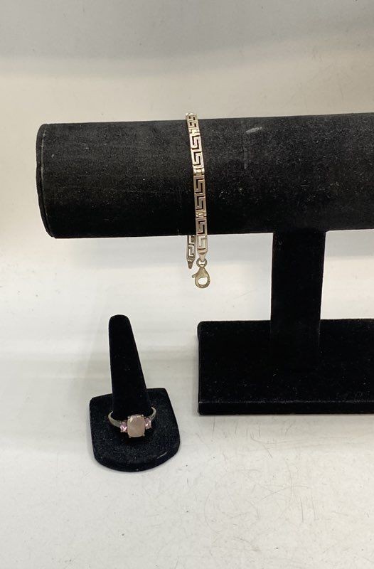 Sterling Silver 925 Rose Quartz Ring Size 10.25 & Greek Key Bracelet Set 13.1g