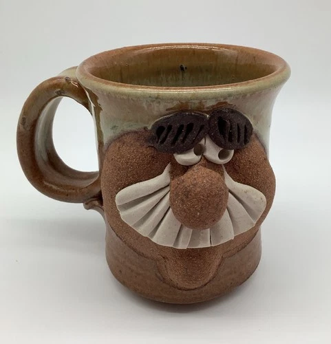 Vintage Old Man Face With Mustache, Ugly Mug Earth Tones