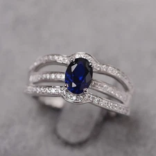 925 Sterling Silver Blue Sapphire Lab Created Three Band Ring Duty Free
