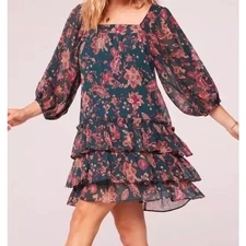 Band Of The Free Mandy Boho Flowy Dark Green Floral Tiered Dress Small