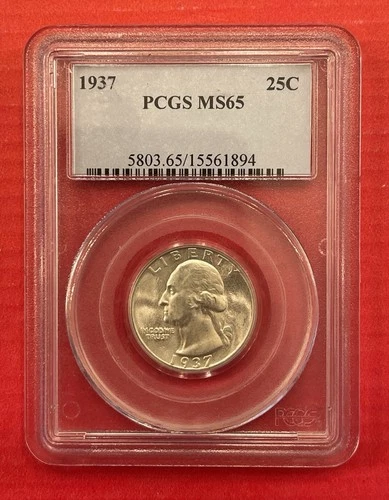 1937 P Washington Silver Quarter, PCGS Graded MS65, Gem Uncirculated.