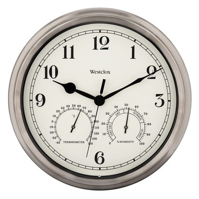 Indoor/Outdoor Wall Clock with Temperature & Humidity Gauges, Weather-Resista...