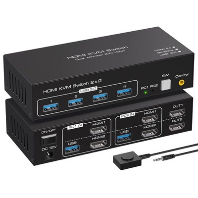 8K 60Hz HDMI KVM Switch 2 Monitors 2 Computers Support 4K 120Hz KVM Switches for