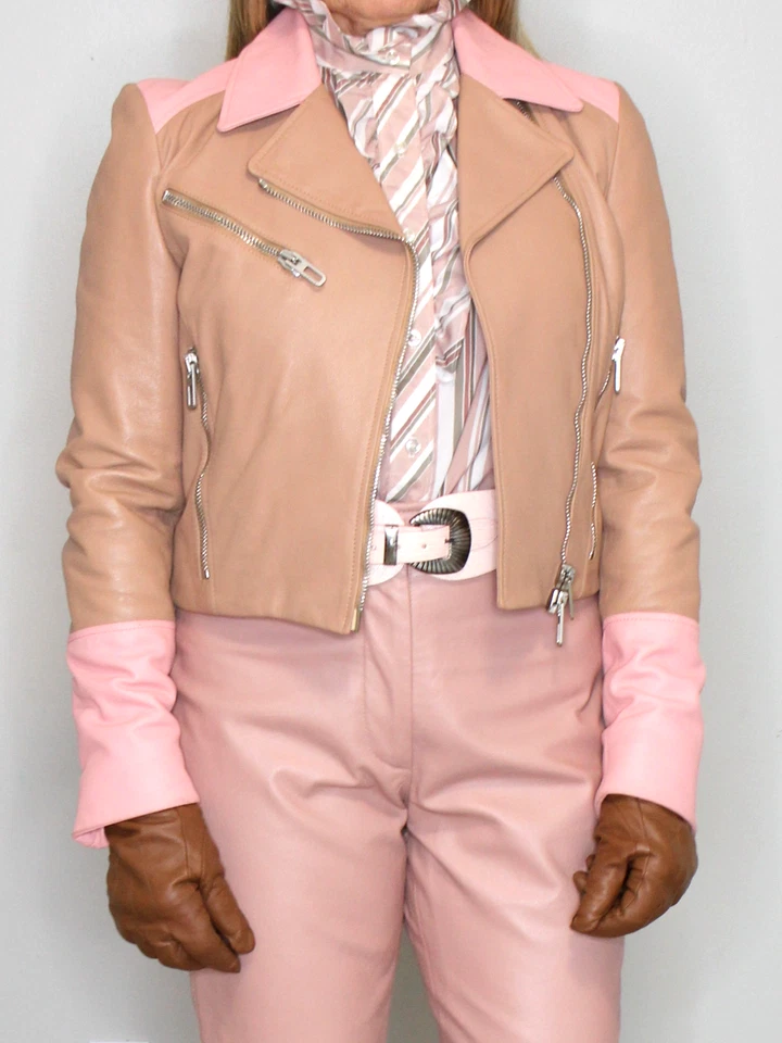 Chaqueta de motociclista de cuero para mujer rosa marrón XS-S DROMe recortada moto rara esposa de la mafia Foto 2 de 4