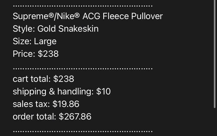 Supreme®/Nike® ACG Fleece Pullover Gold Snakeskin IN HAND Supreme®/Nike® ACG Fleece Pullover Gold Snakeskin IN HAND