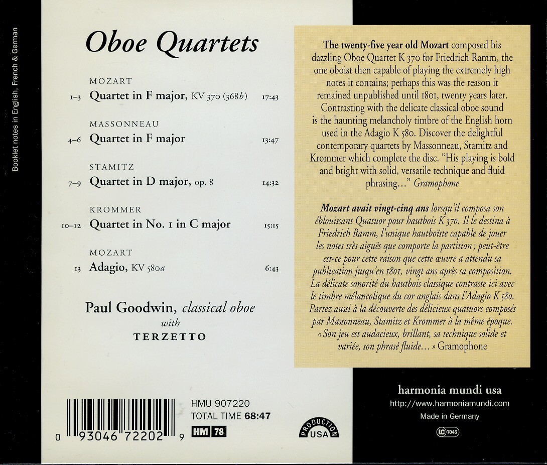 MOZART / MASSONNEAU / STAMITZ / KROMMER oboe quartets PAUL GOODWIN