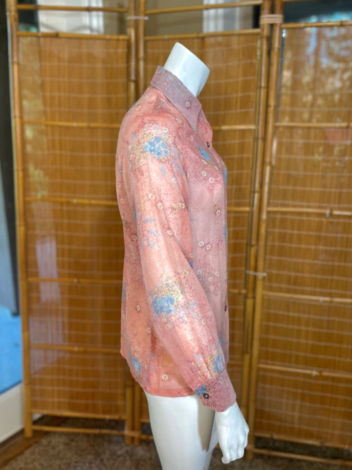 Vintage 50’s BUTTERFLY COLLAR SHIRT Women’s FRANCE Floral Pink Button Up Top - Image 3 of 4