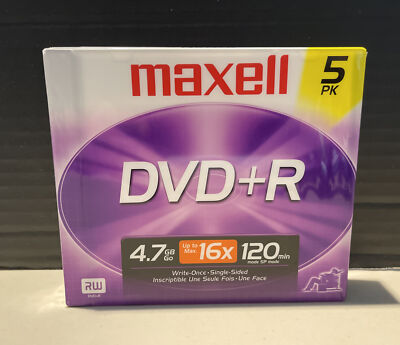 Brand New Sealed Maxell 16X DVD+R 4.7GB Maxell Logo with Slim CD Jewel Case 5 Pk