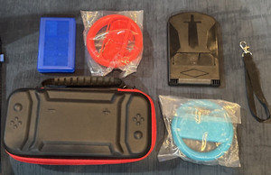 Black & Red Nintendo Switch Case lot, Game Holder, Steering Wheels, etc