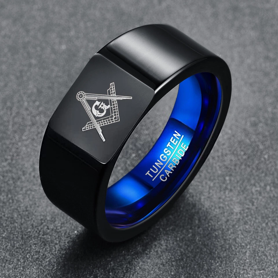 Black Tungsten Carbide Masonic Ring Men Freemason Wedding Ring Biker Blue Inside - Image 2 of 4