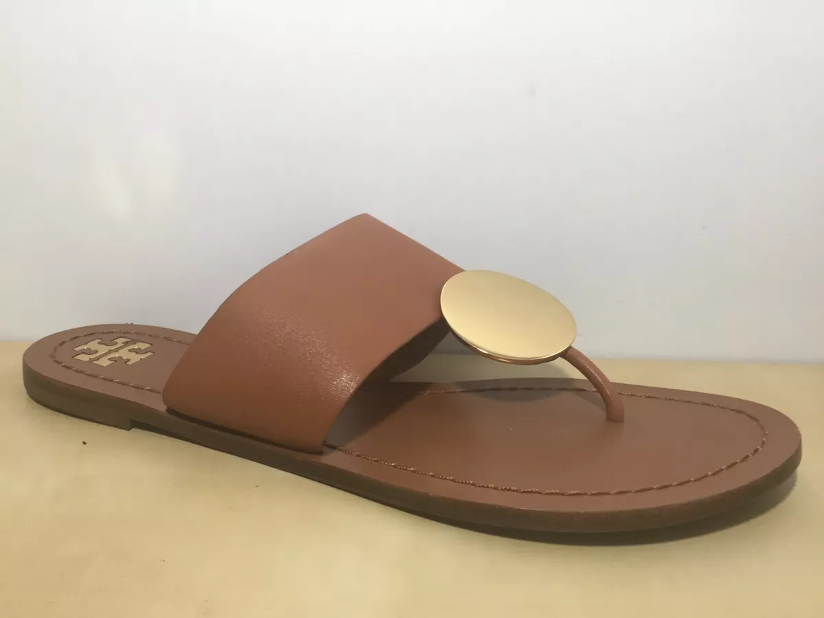 Tory Burch Brown Leather Gold Circle Front T Strap Thong Sandal US 8.5 M