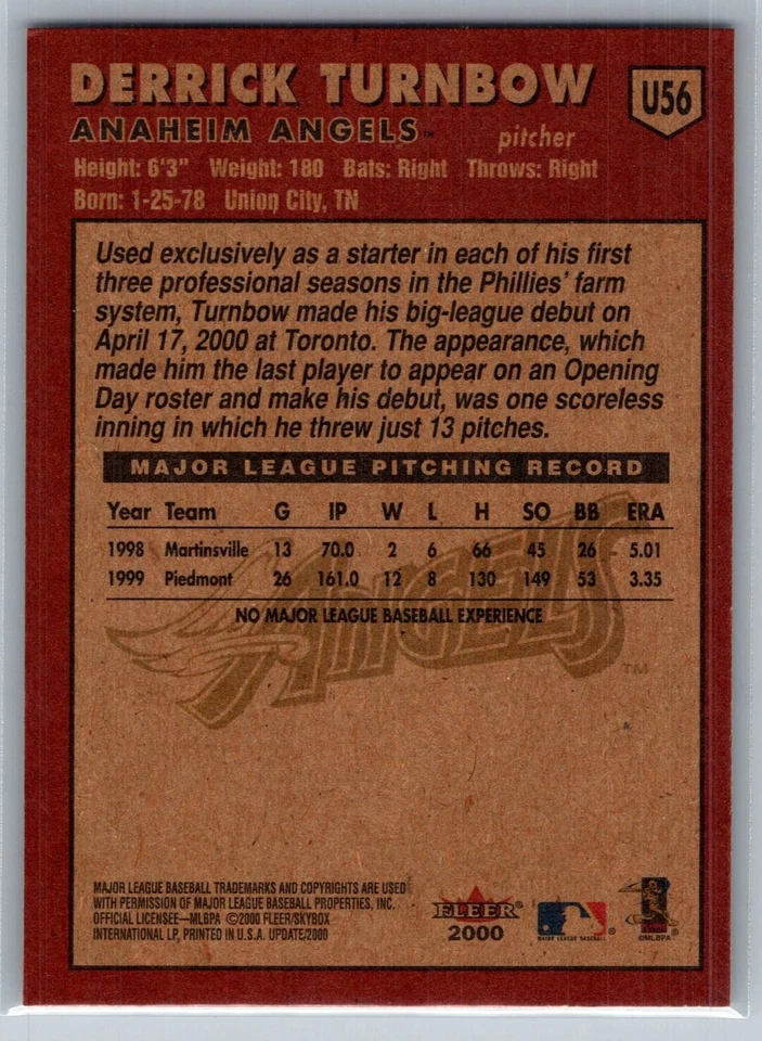 2000 FLEER TRADITION UPDATE BASEBALL U56 DERRICK TURNBOW ANGELS - Image 2 of 2