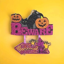 Halloween Black Cat  Pumpkins Beware Of Ghosts Glitter Wooden Sign 12" 12"