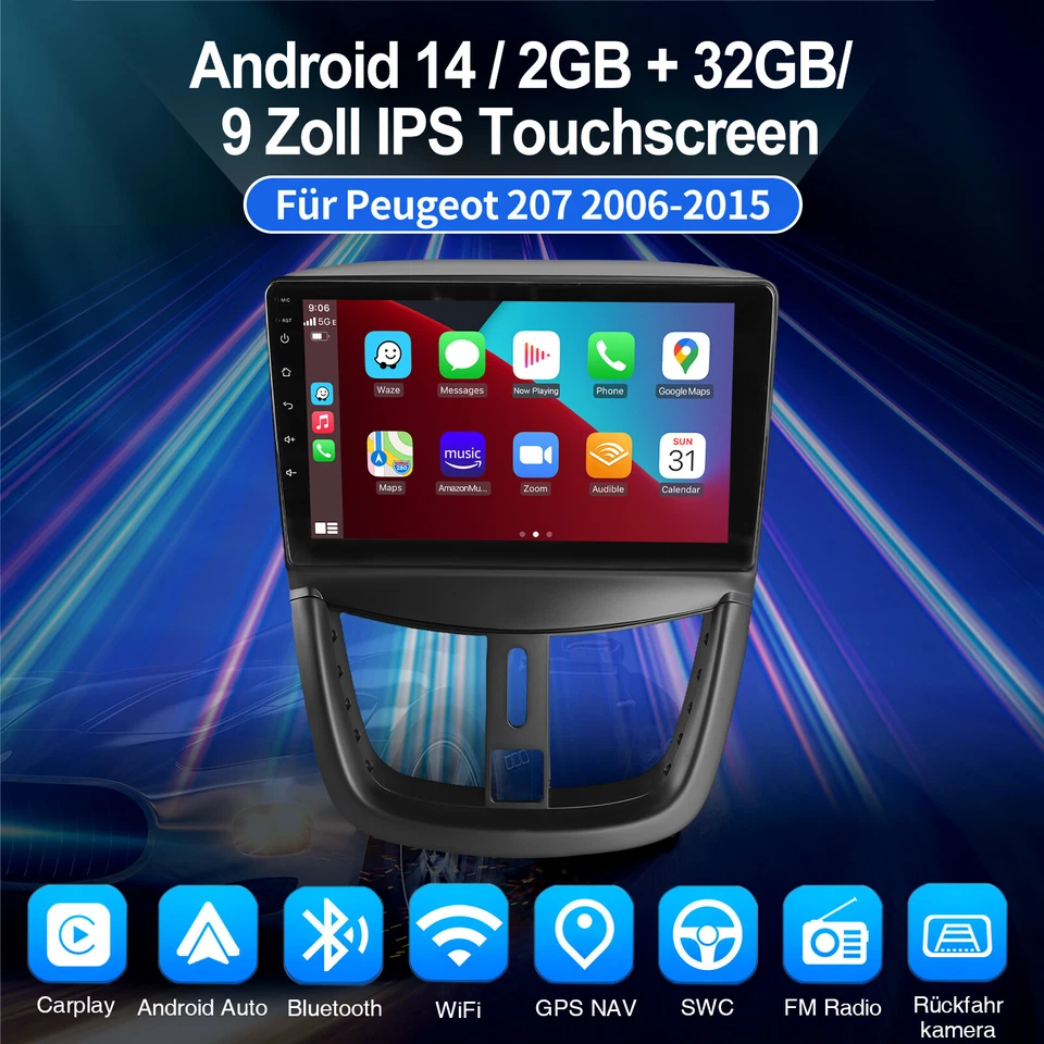 Per Peugeot 207 CC 2006-2015 9" Android 13 Autoradio GPS Navi DAB CarPlay 2+32GB - Immagine 2 di 4