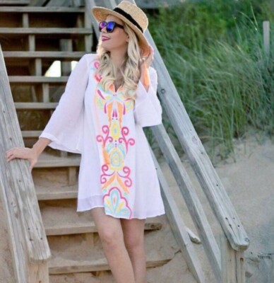 Lilly Pulitzer Ellie Tunic Dress Neon Embroidery Tassels Beachy Too Much Bubbly