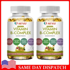 2 Bottles Vitamin B Complex Caps B1,B2,B3,B5,B6,B7,B9,B12, Immune Support Pills