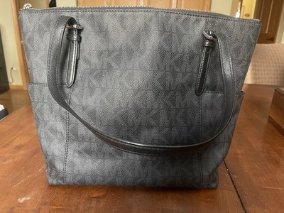 Michael Kors Black Gray Logo Shoulder Bag with Charm Women Coated Canvas