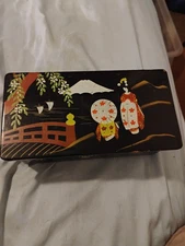 Vintage Japanese Black Lacquered Musical Jewelery Box Hand Painted