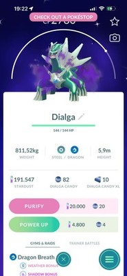Pokémon  Shiny Dialga Shadow    PTC - 100k stardust+20 Candies -Description
