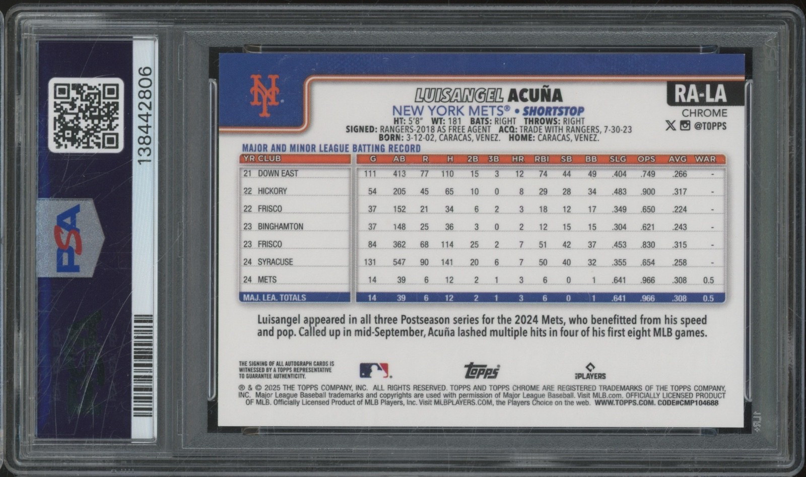 2025 Topps Chrome Logo Edition Luisangel Acuna Auto RC Rookie Mint PSA 9 view 2