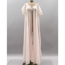 Montgomery Ward Vtg 70s Robe Peignoir Women M Pink Chiffon Nightgown Coquette
