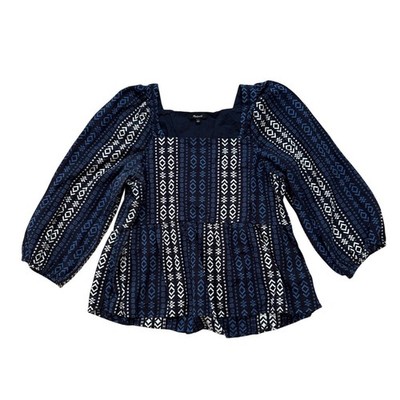Madewell Peplum Top Women Blue Geometric Boho Square Neck Puff Sleeve SIZE L