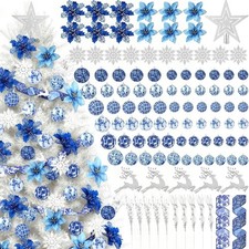 106 Pcs Blue White Winter Tree Decorations Set Chinoiserie Christmas Ball
