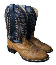 Tony Lama Western Cowboy Boots Mens 9.5 E Pecan Stitch 2-Tone Pointed Toe