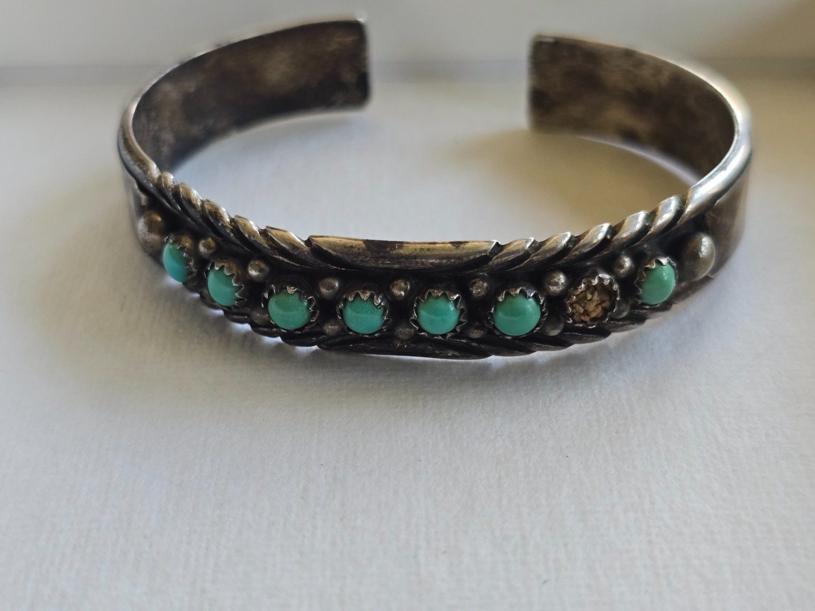 Navajo Signed MJ (Marcella James) Sterling Turquoise Cuff Bracelet Read Descrip