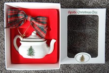 Spode Christmas Tree Teapot Ornament Green Red Plaid Ribbon NIB Retired