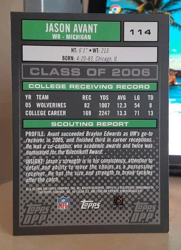 2006 Topps Draft Prospects Chrome Jason Avant #114 Rookie MICHIGAN WOLVERINES - Image 2 of 2
