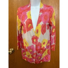 Ann Taylor LOFT Pink Yellow Floral Button Front Cardigan Sweater Womens Medium