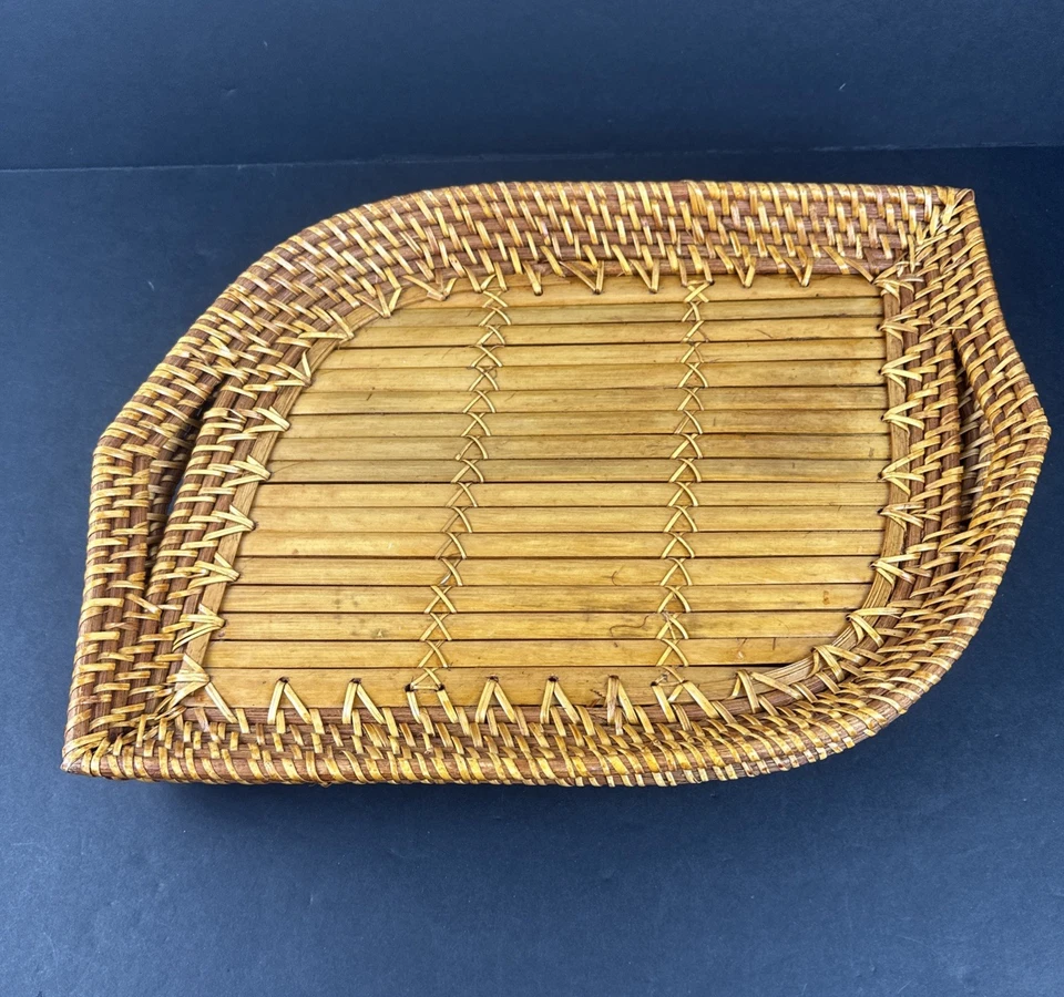 2 Vintage Rattan Bamboo Woven Serving Trays with Handles Boho Rustic 16x12” - Image 3 of 4