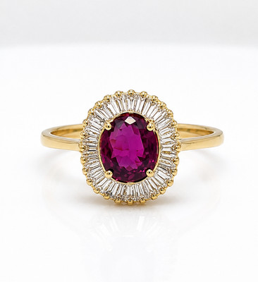14 Kt Gelbgold Ring mit Baguettes Diamanten und natürlichem Rubin - Größe 8,5